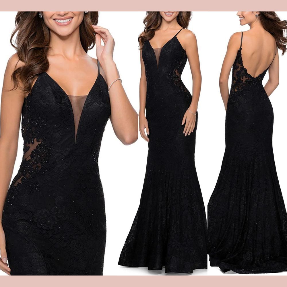 NEW La Femme [ 4 ] Open Back Sleeveless Lace‎ Mermaid Gown Black